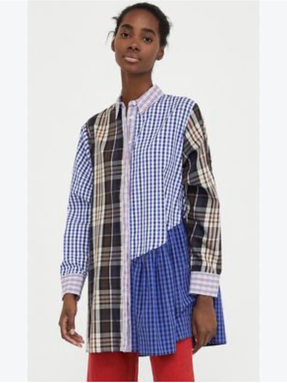 Zara Patchwork Blue Plaid Long-Sleeve Shirt asymmetric mix sz XS oversized